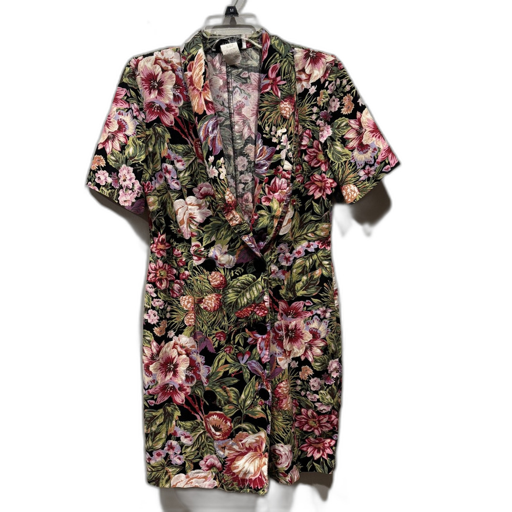 Vintage Blazer Dress Floral Double Breasted Black 90s Garden Grandma Women sz 13